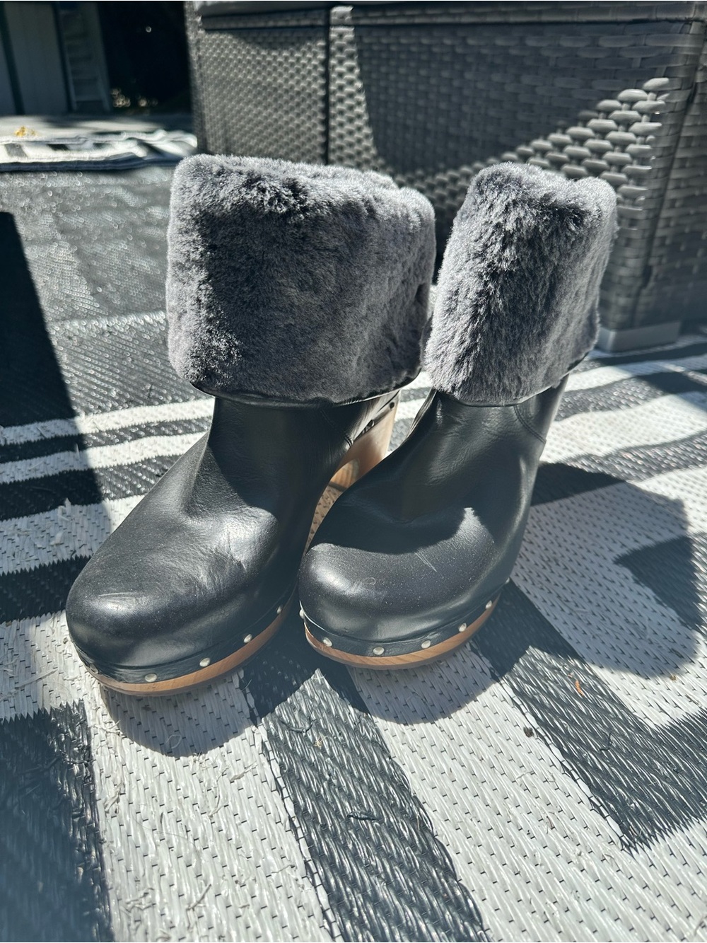 UGG Black Leather Clog Boots with Gray Faux-Fur Cuff